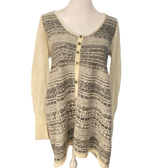 Free People Nordic Long Sleeve cream black gray Fair Isle Knit Tunic Sweater M - Picture 6 of 11